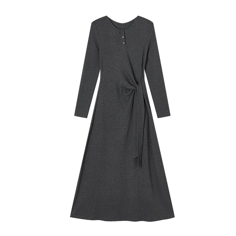 Women's Grey Knit Long Sleeve Tie-Waist Midi Dress