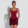 Rochie bodycon patchwork cu paiete, de culoare roșu-vin, cu bretele subțiri