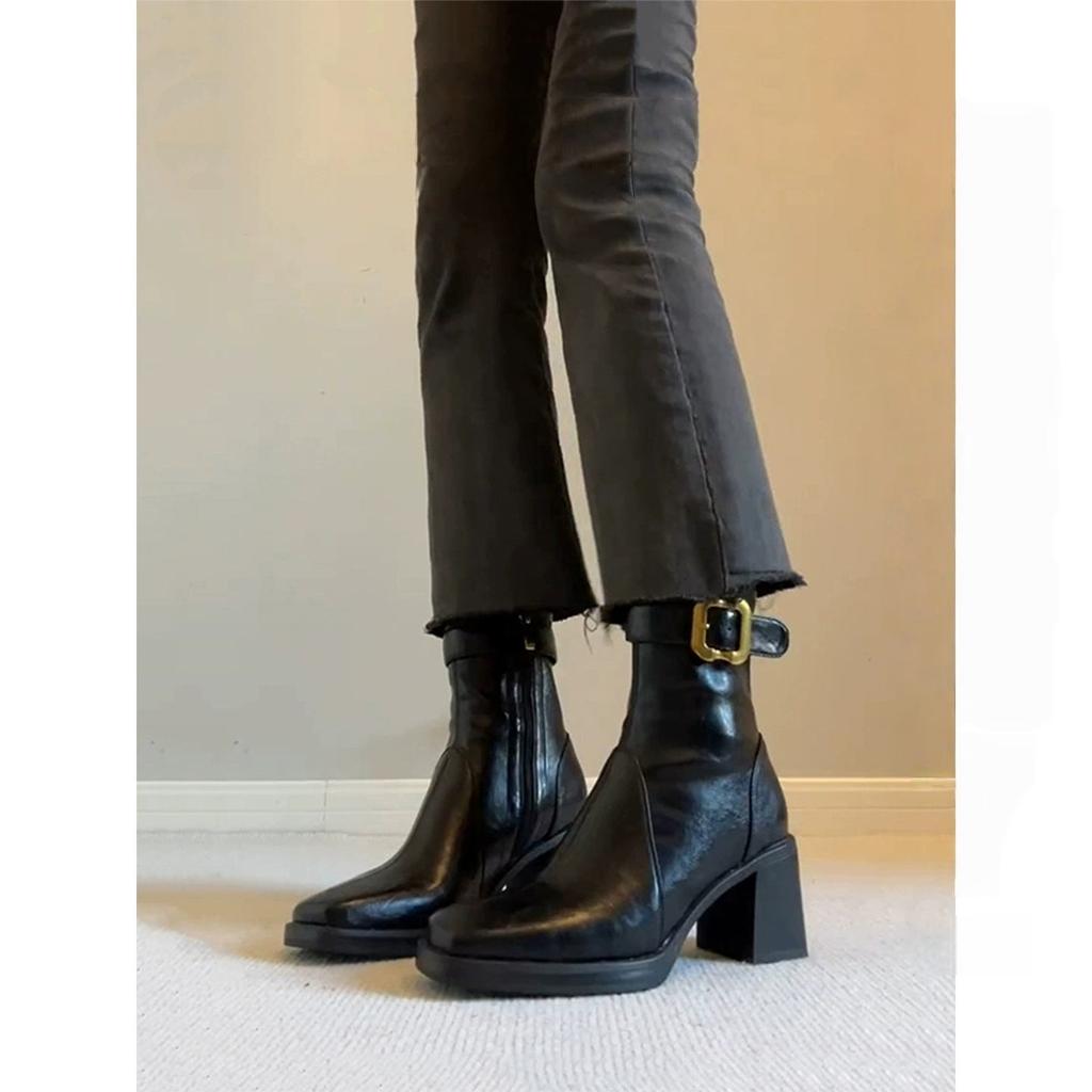 Retro square head thick heel thin boots woautumn winter belt buckle versatile British style high heel short boots