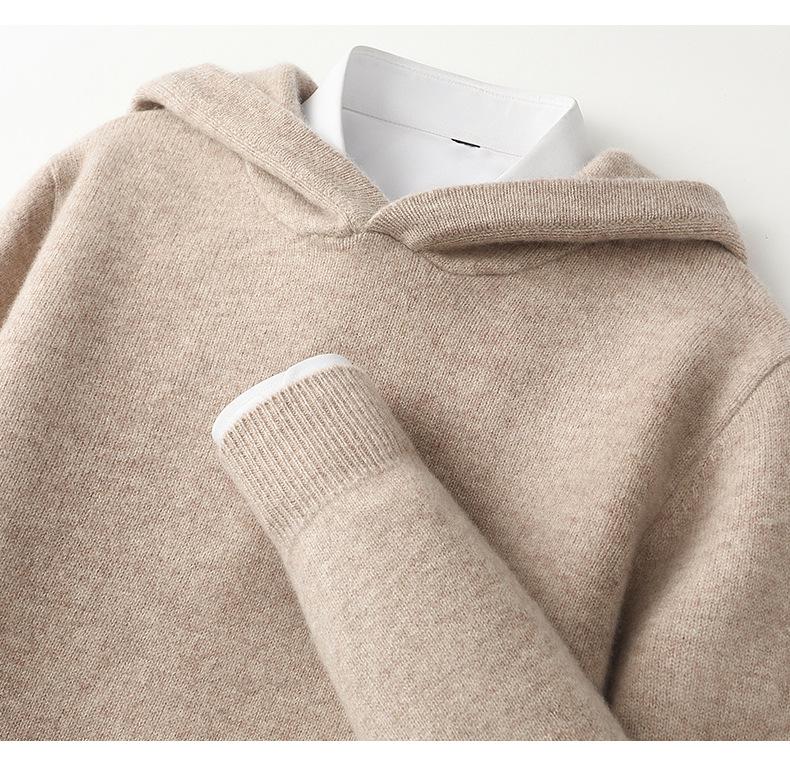 Men's 100% Pure Wool Knit Hoodie - Long Sleeve Solid Color Pullover for Autumn/Winter