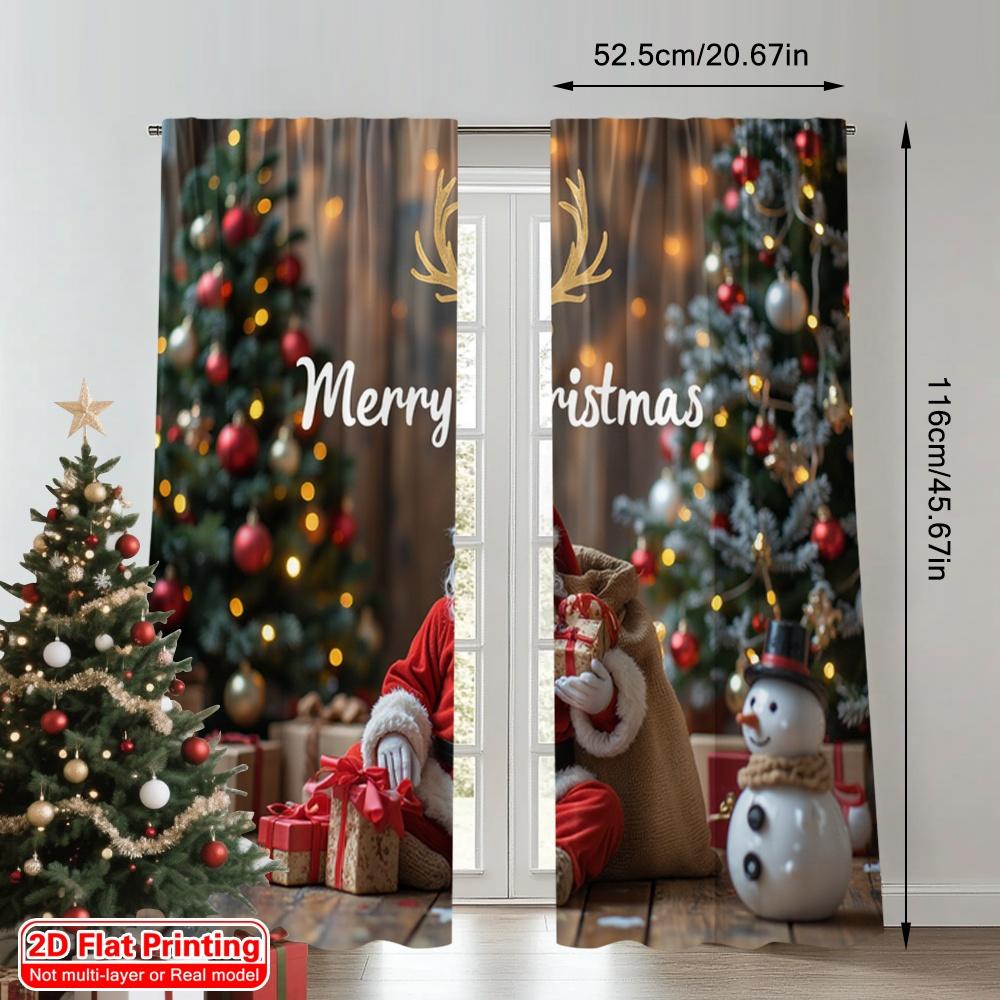 2pcs 2D Flat Printing Merry Christmas Popular Curtain Merry Christmas Snowman Santa 100% Polyester Without Electricity Festive