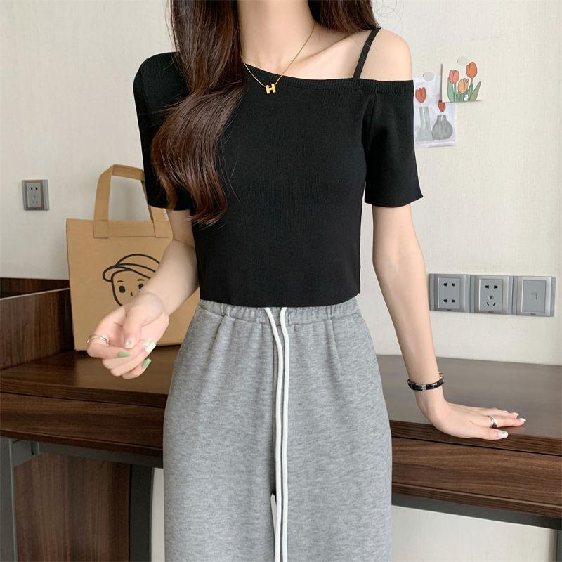 

Футболка с диагональным воротником и коротким вязаным топом, открывающим плечи, для женщин, летняя футболка из ледяного шелка с короткими рукавами One size чёрный