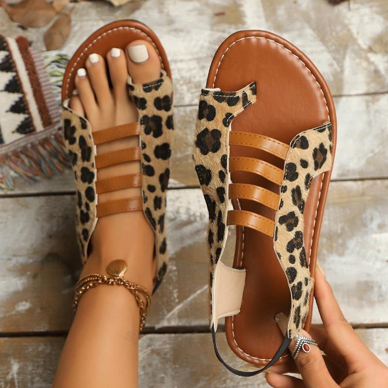 Fashion 2025 Summer New Roman Style Casual Sandals for Women's Fashion Leopard Print Design Open Toes Comfortable Lightweight Cool Flats