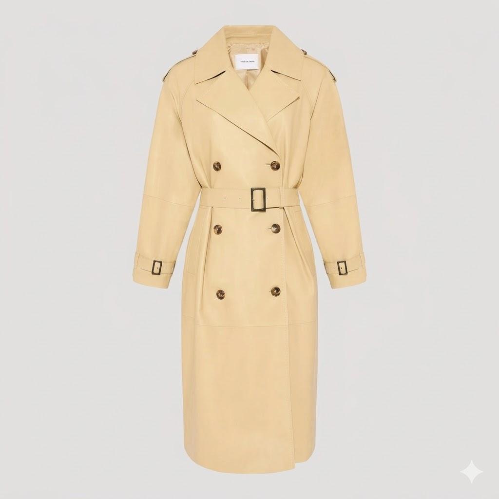 Designer Fit Handmade Trench Coat Women's Stylish Beige Genuine Lambskin Leather