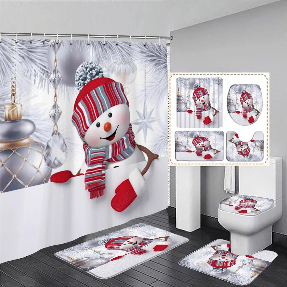 Winter Weihnachten Duschvorhang Set Niedlicher Blauer Schneemann Xmas Geschenk Wald Zeder Schnee Neujahr Badezimmer Deko Duschvorleger Toilettenbezug