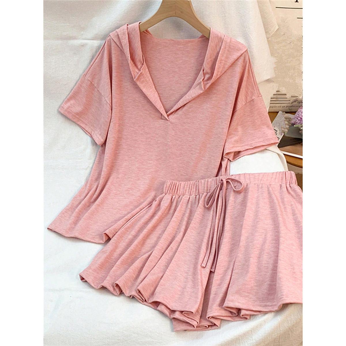 Amazon Large Size Women s Lazy Wind Pink Hooded Short Sleeve Shorts Set Loose Meat Cover Shorts Two-piece Set 1XL розовый