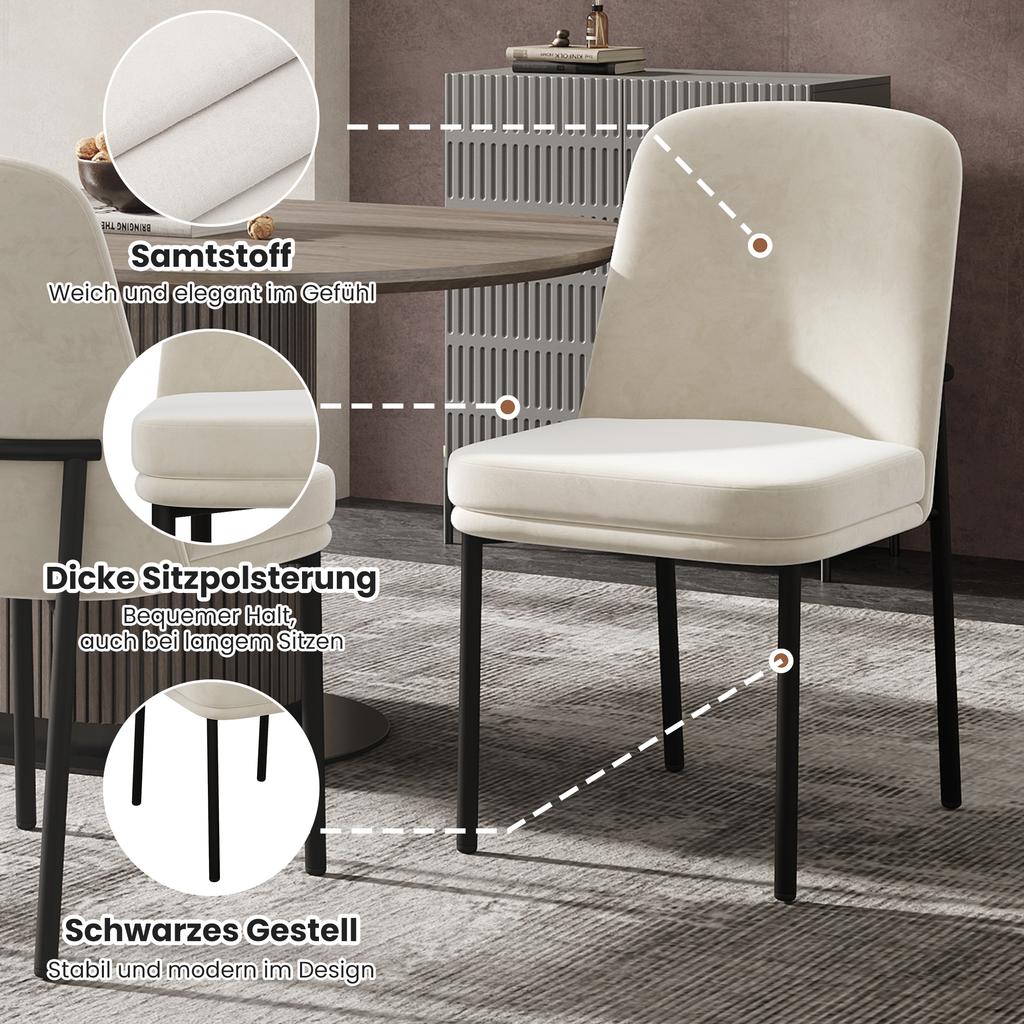 Dining Chairs Set of 2, with Thickened Seat Cushions and Metal Legs, Suitable for Dining Room, Living Room and Cafes, Black Frame, Velvet, Beige
