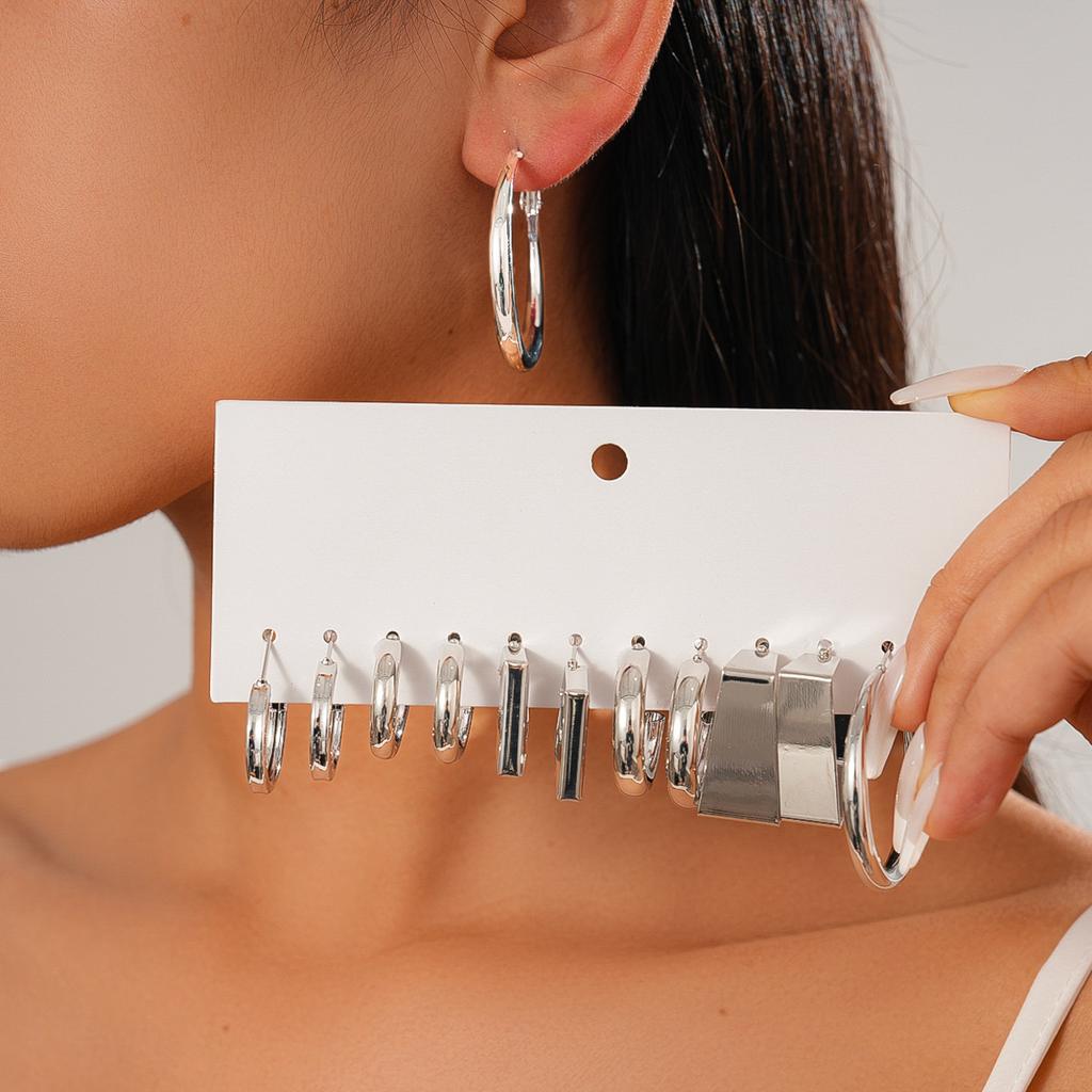 Twelve-piece Smooth Geometric C-shaped Round Silver Needle Earrings