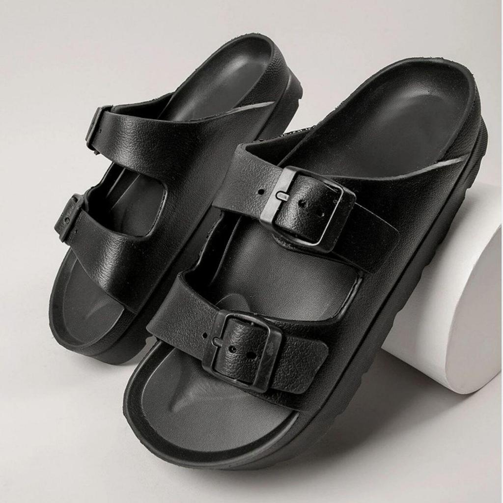 Double Buckle Adjustable EVA Sandals - Comfortable Arch Support, Waterproof, Flat Heel, Open Toe, Casual Style, Solid Color, No Printing