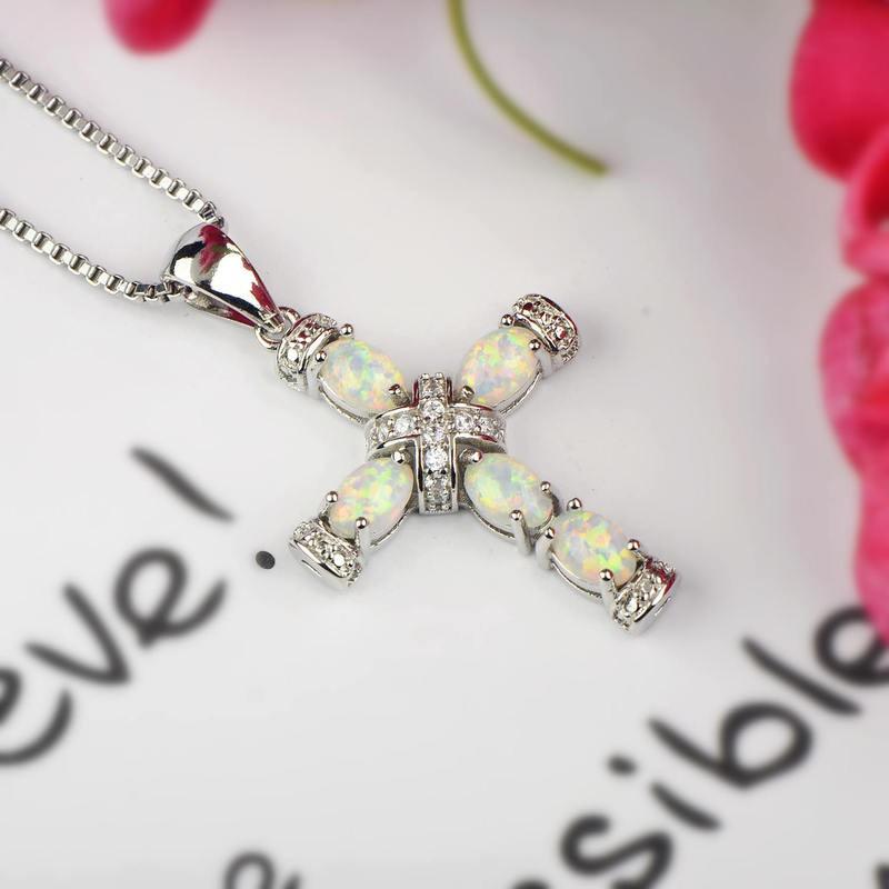 Opal Cross Pendant Necklace Women Copper Chain With White Blue Rose Gold Gemstone 45cm5cm Adjustable Geometric Design