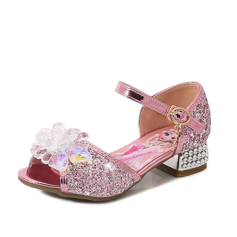 Girls' Crystal High-Heeled Sandals - Elsa Princess Style for Summer 2024