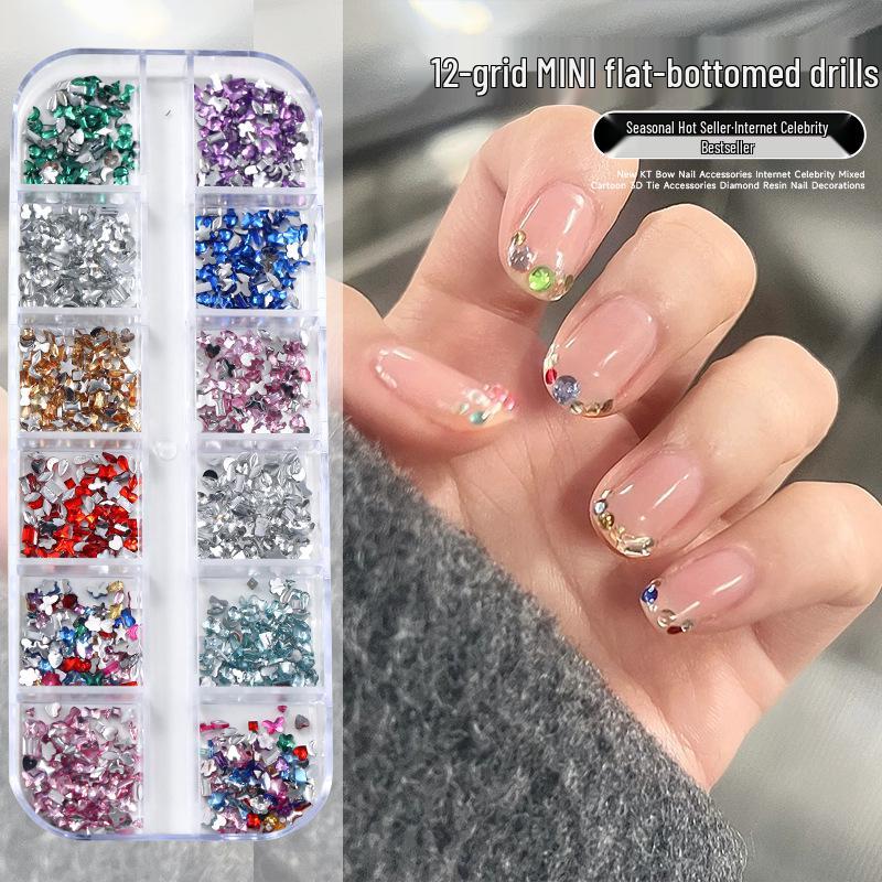 12-Grid Mini Nail Art Rhinestones, Colorful Irregular Champagne Crystals, Super Flash Flatback Nail Accessories.