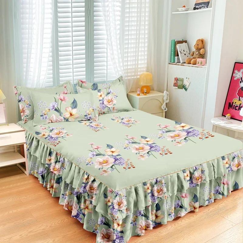 Nordic Floral Queen Bed Skirt Without Pillowcase Double Single Mattress Cover Anti-slip Full Size Adjustable Bedspread 360°Warp