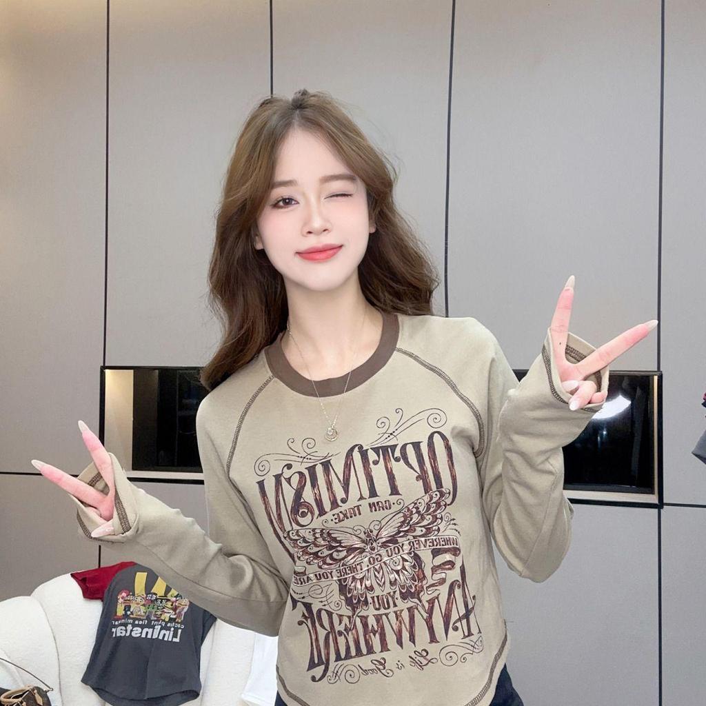 Women's Plus Size Retro American Letter Print Slimming Long Sleeve Cropped T-shirt for Spring/Autumn