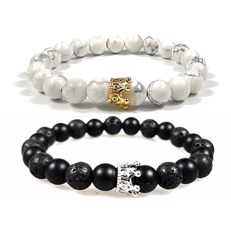 European & American Zirconia Crown Bracelet with Volcanic Stone & White Pine Beads