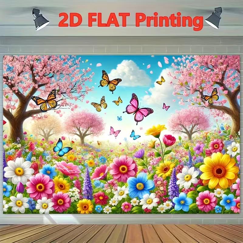 2D Colorful Spring Backdrop, Peach Blossom Garden with Butterflies Photography Background for All Occasions