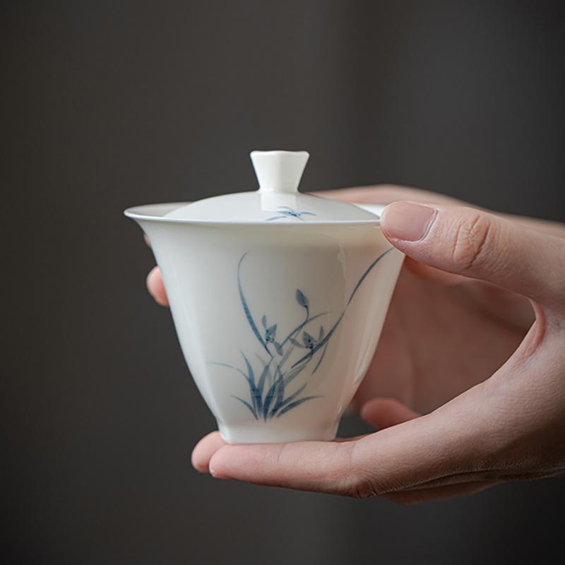 Porcelain Hand-painted Orchid Gaiwan Cover Bowl White and Blue Ceramic Tea Making Bowl Chinese Style Simple Tea Cup