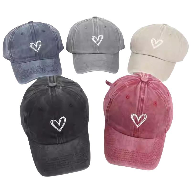 Retro Washed Distressed Love Embroidered Duckbill Cap For Women In Spring And Summer Large Brim Soft Top Baseball Cap Adjustable