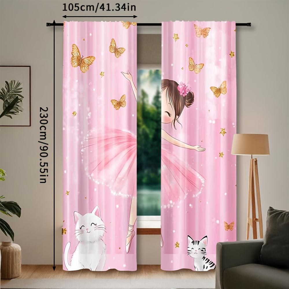 2PCS Digital Print Curtains, Cartoon Ballet Dancer Kitty, Cute Kids