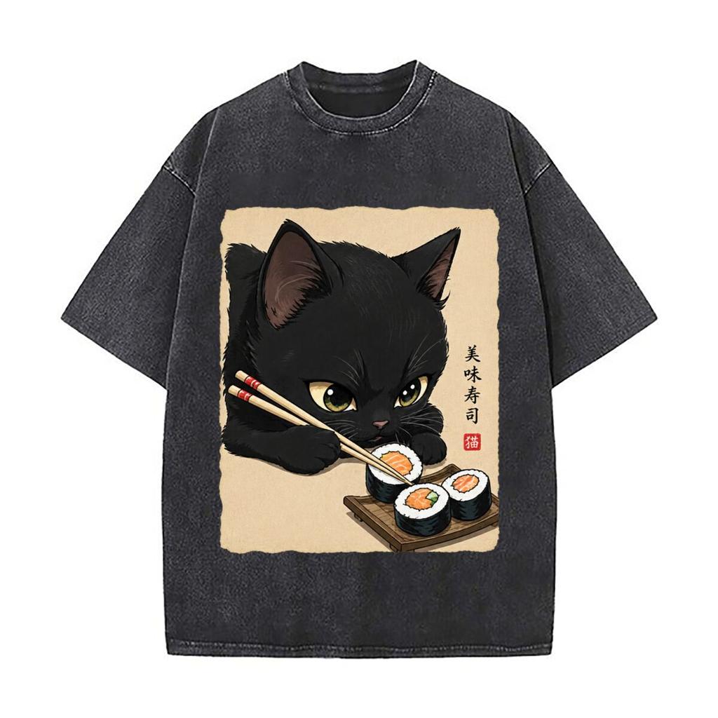 Cute Black Cat Eating Salmon Sushi With Chopsticks Distressed Vintage Oversized Streetwear Tops for Coffee Dates