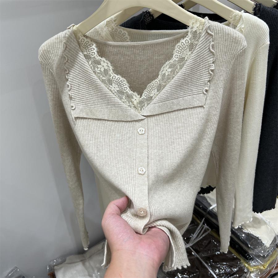 Autumn 2026 Women's Lace Patchwork Ruffle Collar Long Sleeve Knit Sweater