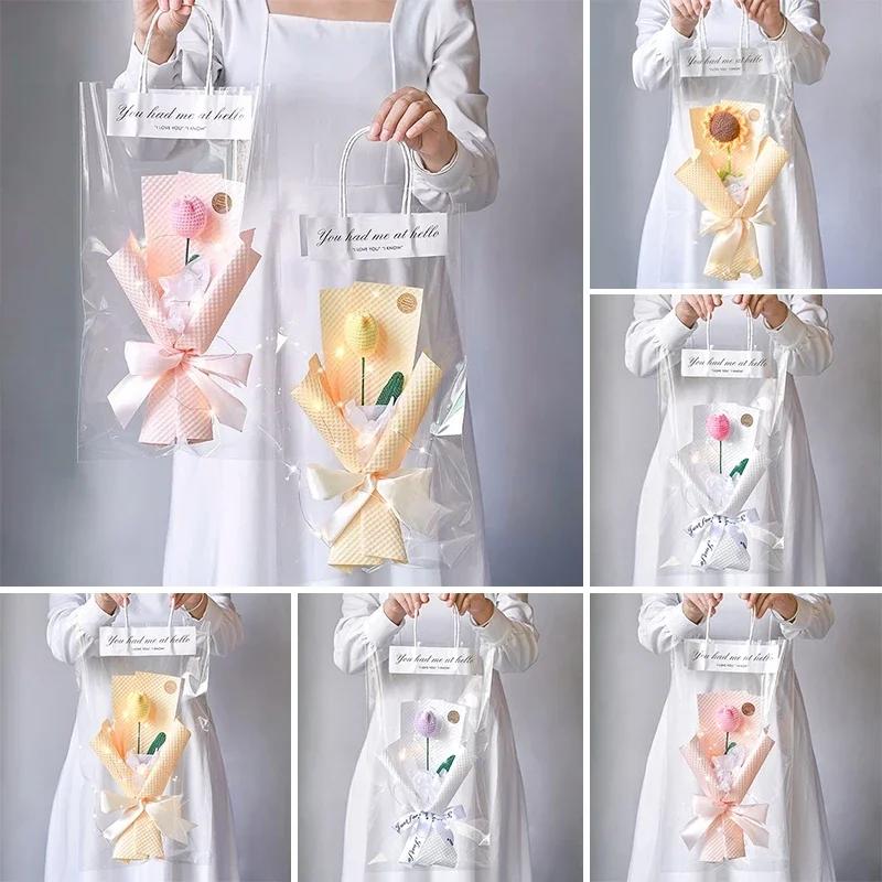 Crochet Flower Bouquet Teacher's Day Gifts with LED Light String Hand Knitted Flowers Graduation Artificial Flowers Decor