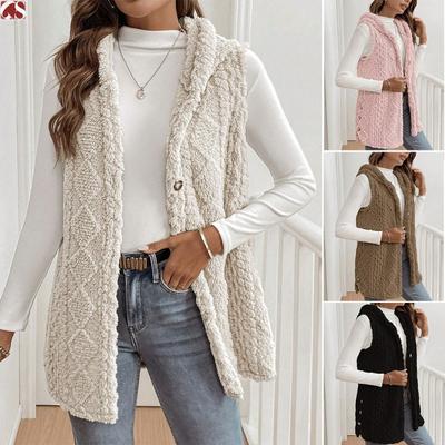 Gilet à capuche sans manches pour femme, double face en polaire, décontracté, à boutons