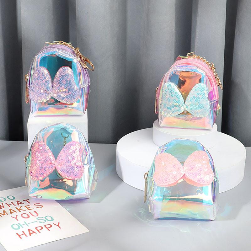 Pvc Transparent Coin Purse With Laser Butterfly Bow Waterproof Keychain For Girls