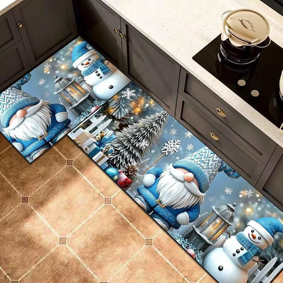 Christmas Santa Kitchen Mat Set, 2-PC Absorbent Non-Slip Floor Rugs for Holiday Decor