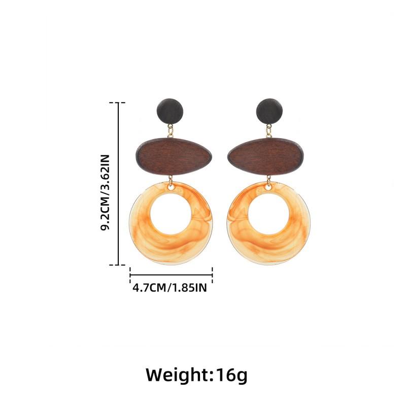 Geometric Wooden-Style Resin Earrings Women Hollow Out Vintage Boho Statement Drop With Leopard Print Detail
