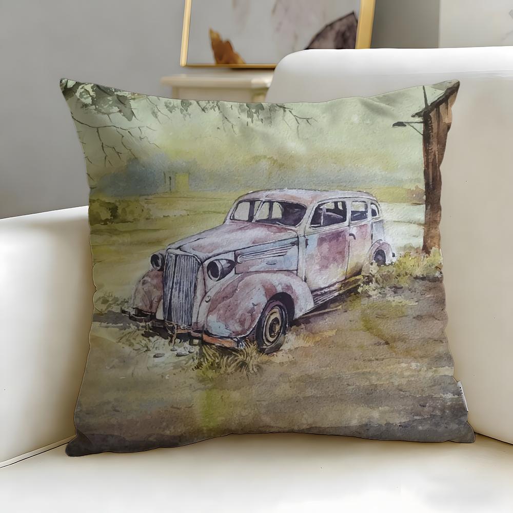 classic theme Vintage Car Cushion Cover Soft & Easy-Wash Pillow Case – Versatile for Couch, Bed, Travel and Office