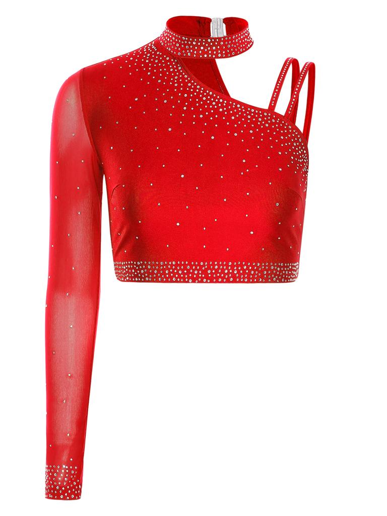 Damen Lyrisches Tanz Performance Set S-XXL: Asymmetrisches Crop-Top mit einem Ärmel, Strasssteinen & locker sitzende Überwurfhose