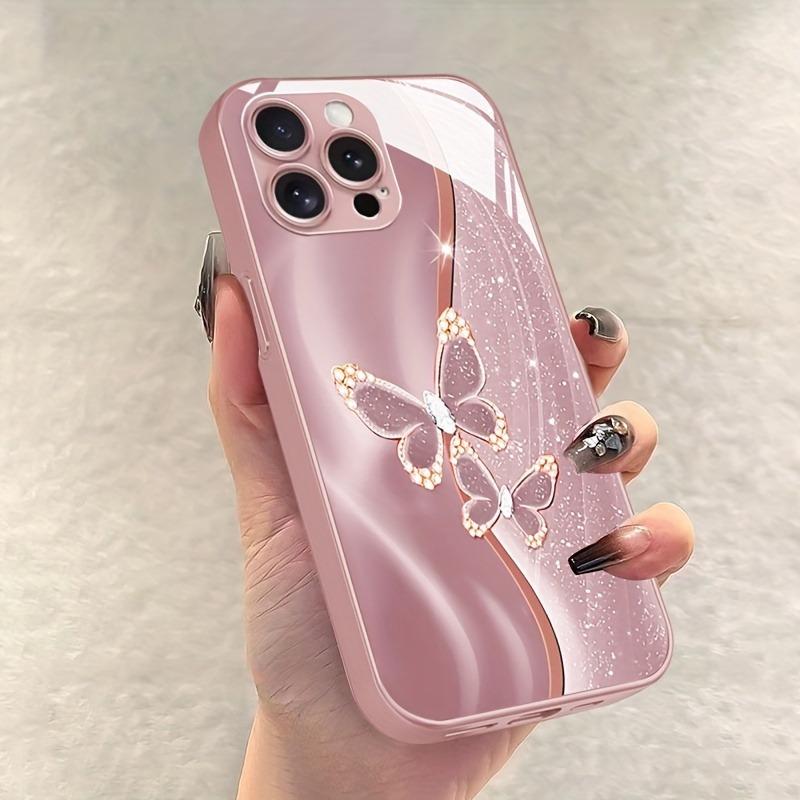 Diamond Butterfly Pattern Pink Metallic Paint Glass Hard Phone Case For iPhone 17 Pro Max 11 12 13 14 15 16 Plus 16E 17Air Cover
