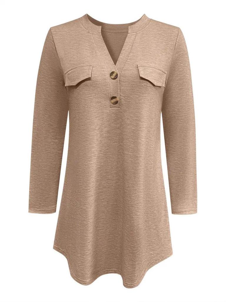 Women's V-Neck Button-Up Long Sleeve Top for Fall/Winter