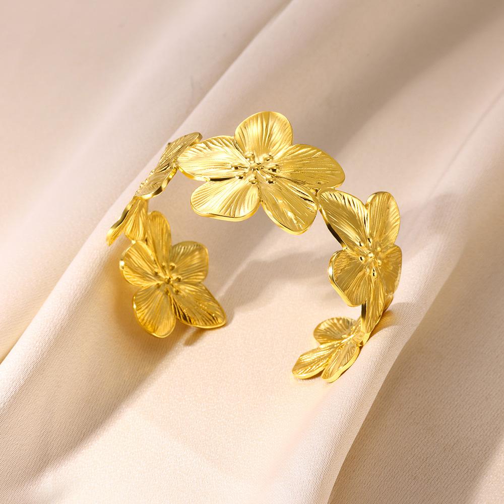 Bracciali Aperti Chunky con Fiori per Donna Acciaio Inossidabile Impermeabile Fiori Bracciale Largo Gioielli per Mano da Festa Matrimonio Regalo Elegante