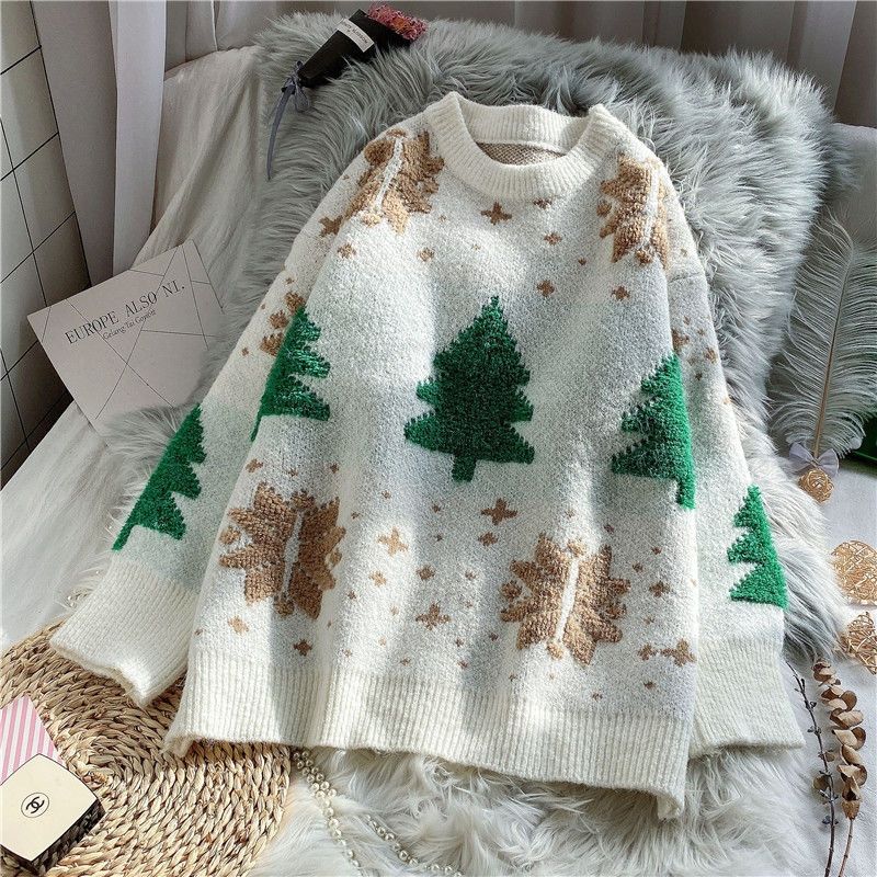 Christmas Sweater Loose Korean-style Pullover for Women Loose Long-sleeved Thick Knitted Sweater for Autumn and Winter