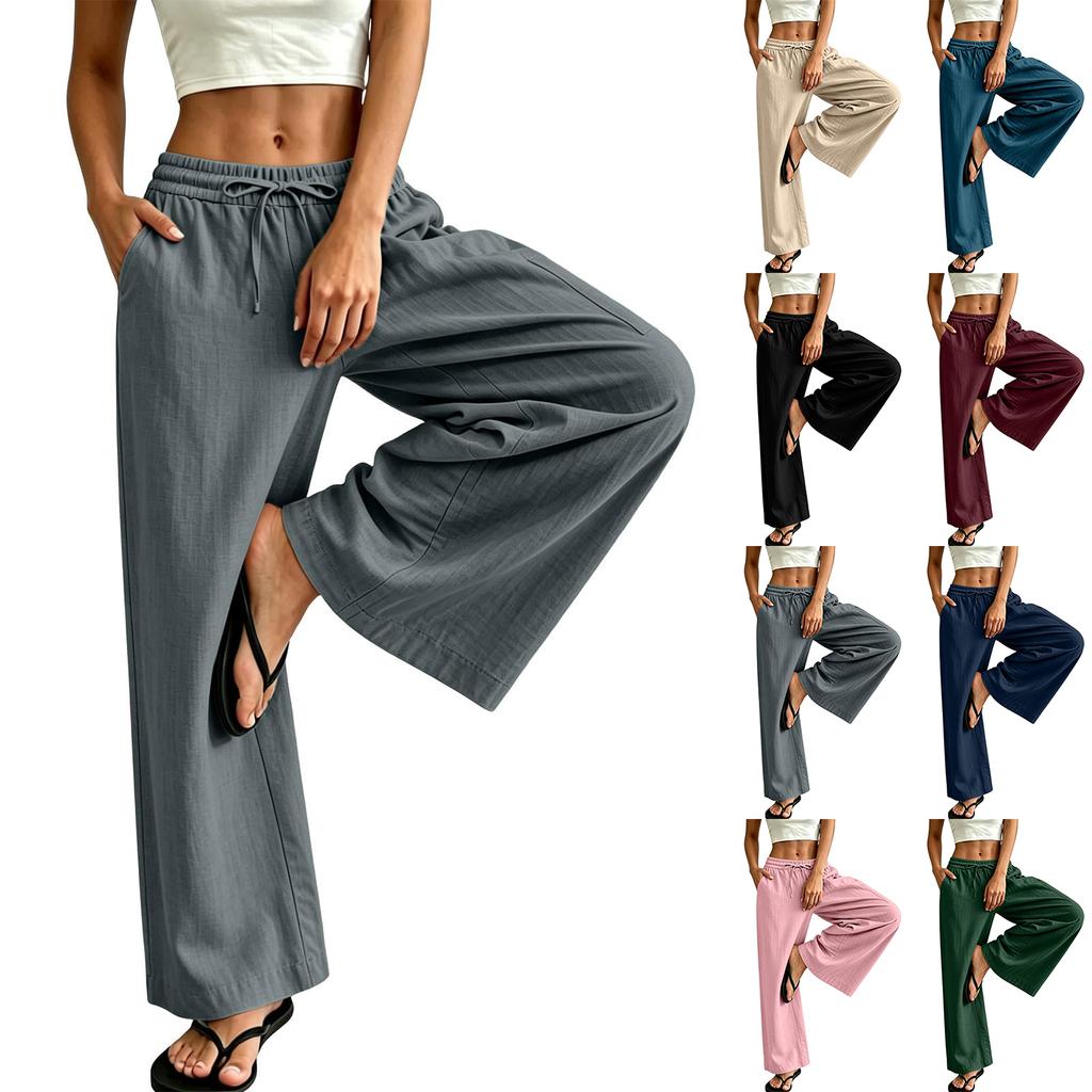 Women's Cotton Linen Straight Leg Pants - Elastic Waist with Drawstring, Casual Color Trousers with Pockets