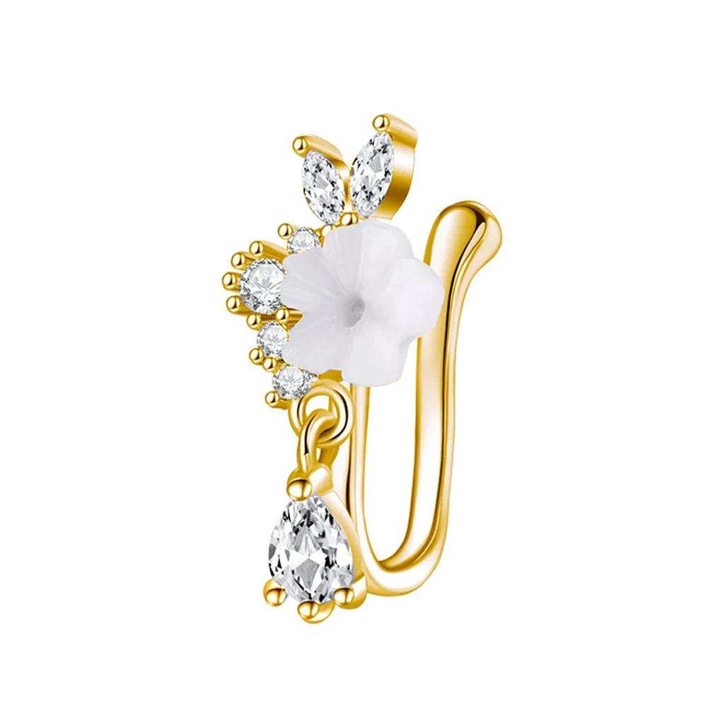Women Fashion Floral Teardrop Dangle Nose Ring Festival Gifts Universal Girls L-Shaped Sparkling Zircon Nose Piercing Stud Set
