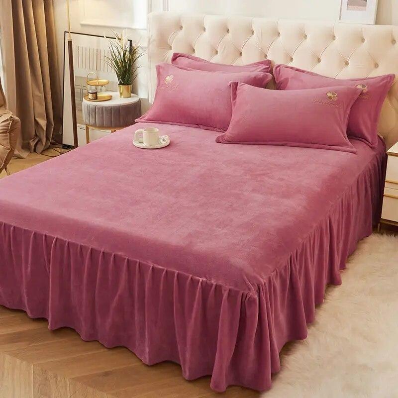 Zimní flanelová skládaná sukně na postel Zesílená teplá sukně na postel v korejském stylu Růžové přehozy protiskluzové prostěradlo na dívčí přikrývku