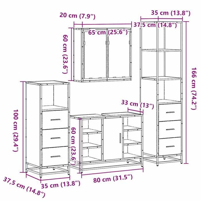 VidaXL Ensemble de meubles de salle de bain 4 pcs chêne sonoma, armoire de salle de bain, armoire de rangement de toilette, 3301271