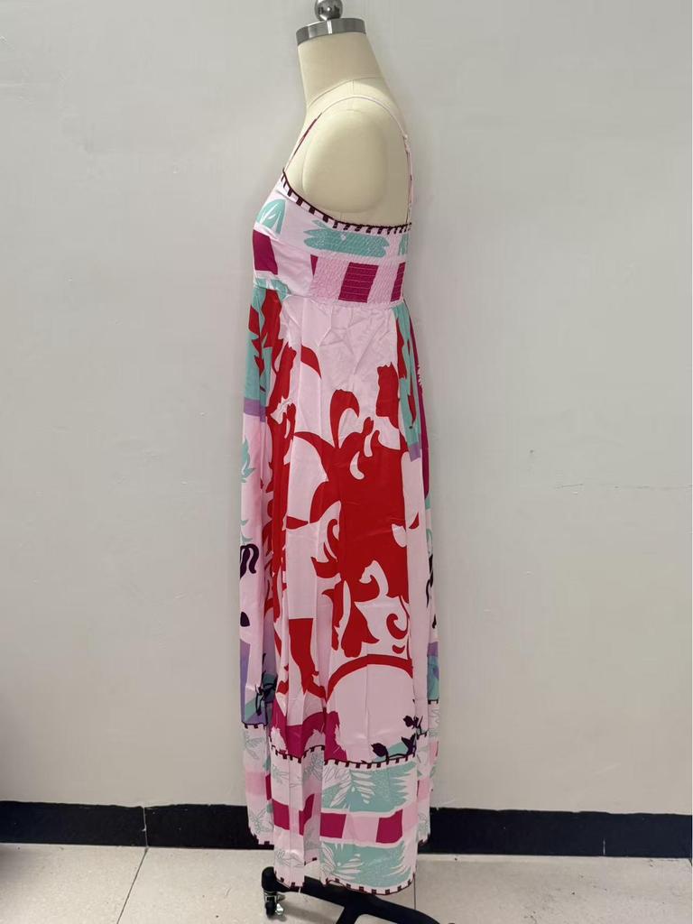 In Stock 2026: Graffiti Print Wide Hem Spaghetti Strap Dress for Women - Casual European & American Style