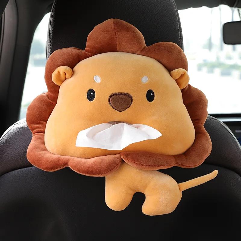 Cartoon Animal Car Tissue Box Creative Short Plush Armrest Tissue Box Car Seat Back Hanging Tissue Holder Cute Car Accessories