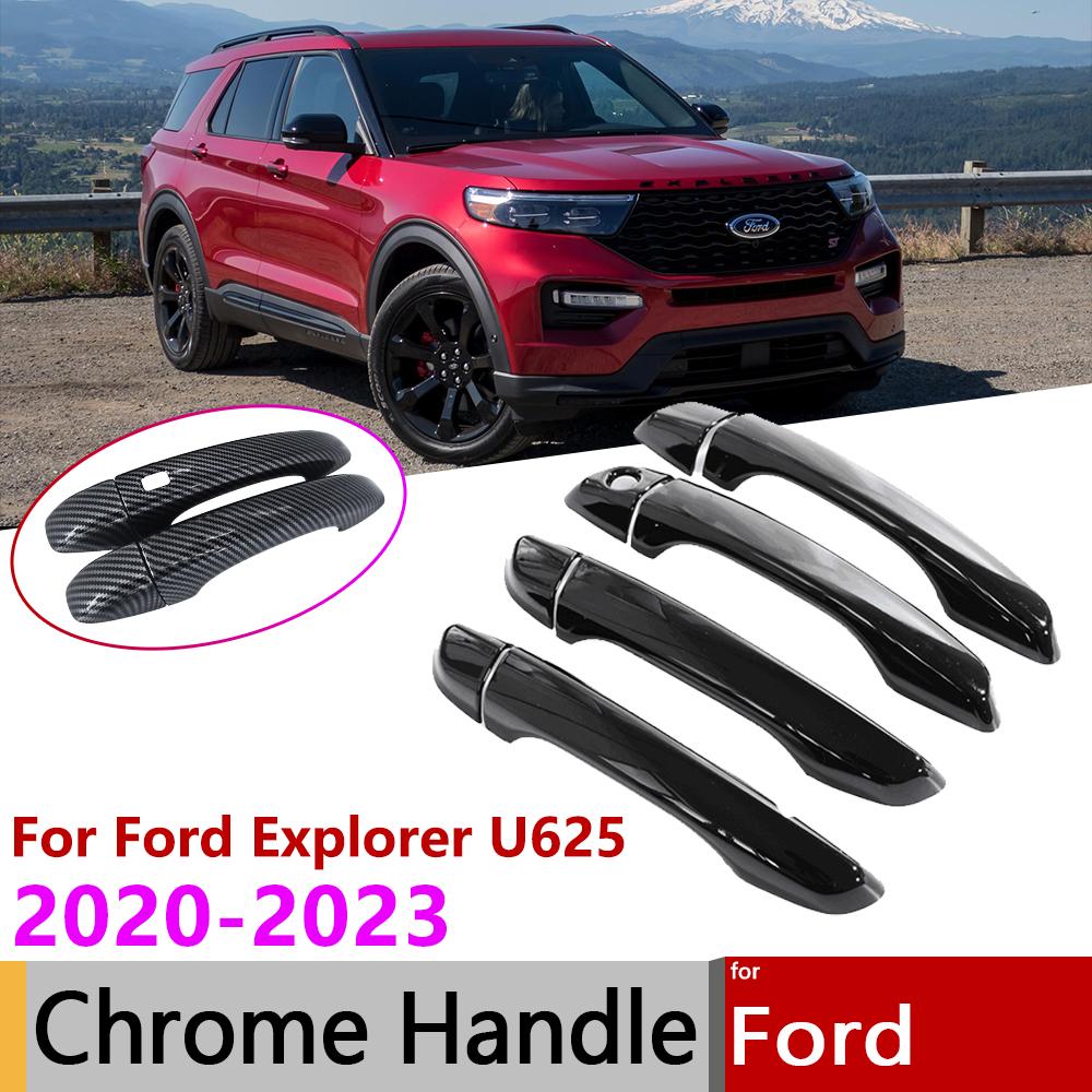 

For Ford Explorer U625 2022 2023 Chrome Gloss Black Carbon Fiber Car Smart Door Handle Cover Trim External