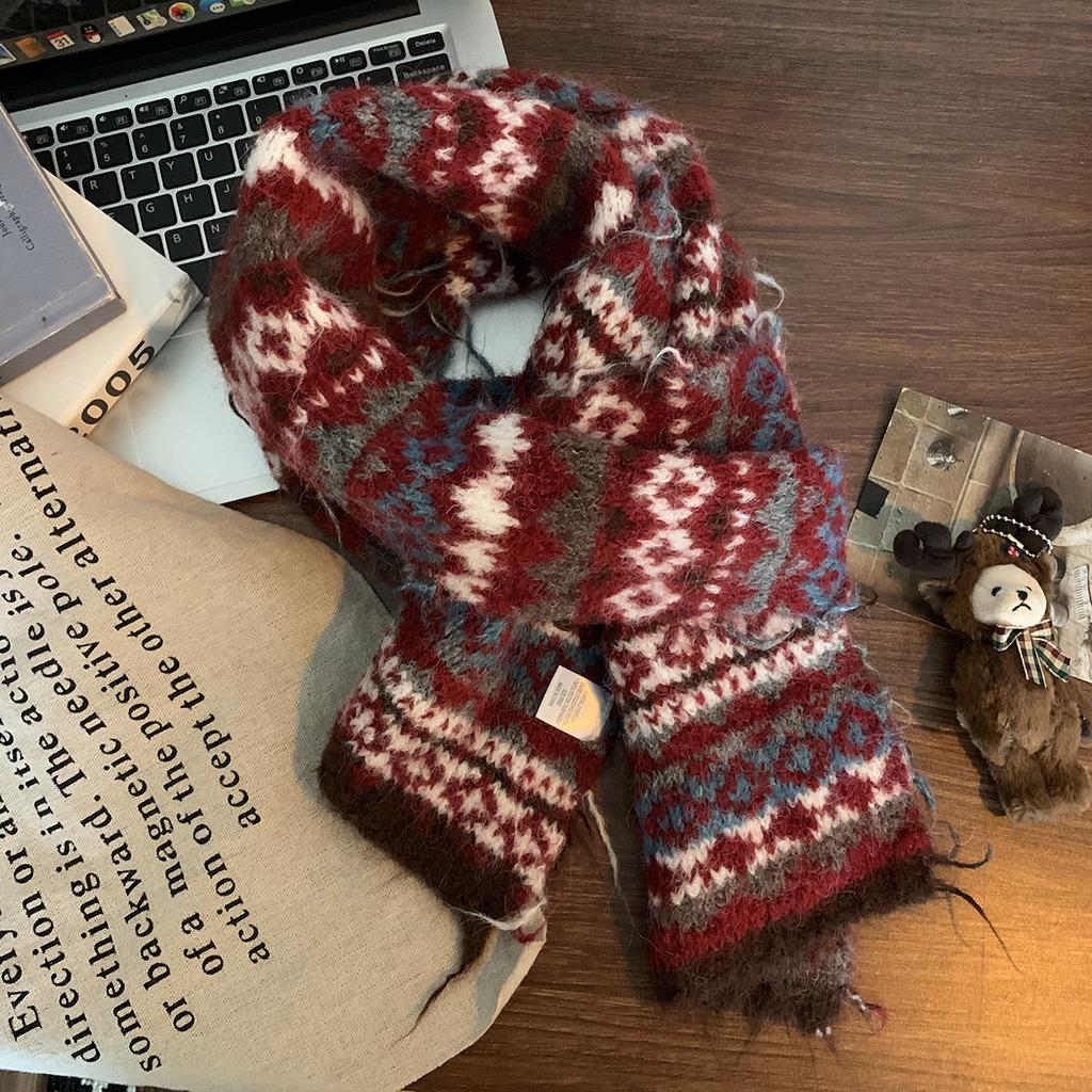 Fair Island Wind Knitted Scarf Women's Autumn and Winter Advanced Sense of Contrasting Colors Thickened Warm Korean Atmosphere Scarf Student