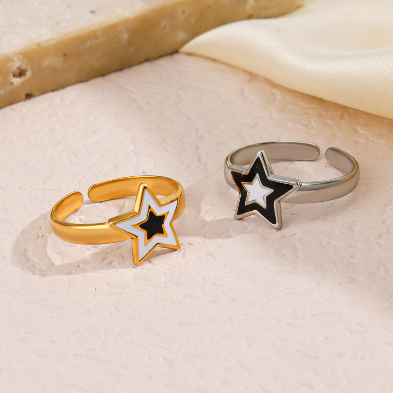 Stainless Steel Black White Drip Oil Pentagram Rings for Women Men Fashion Popular No Fading Opening Rings Jewelry Accessories