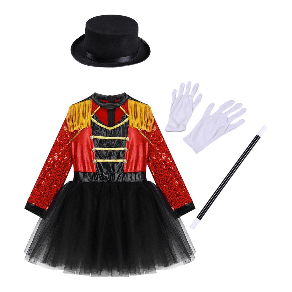 Girls Circus Tutu Leotard Dress Long Sleeve Sequin Tassel Shoulder Back Zipper Costume Set Hat Magic Wand