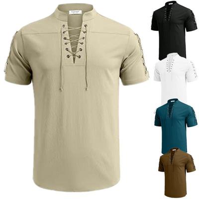 Men's Beach Shirt Short Sleeve Lace Up Hippie T-shirt Cotton Linen Bandage V-neck Pirate Shirts