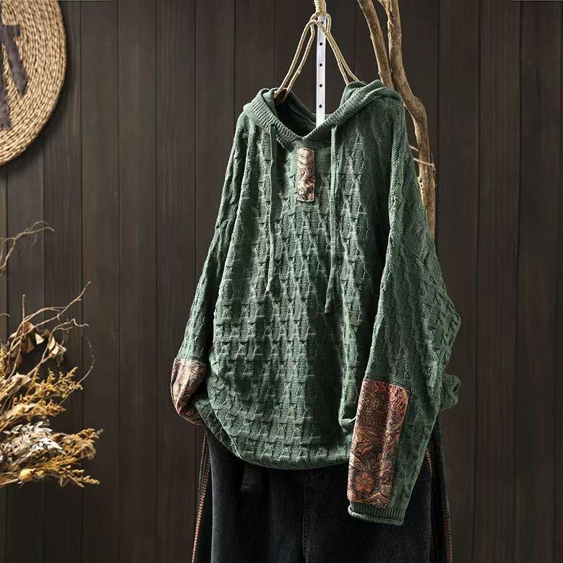 Woman Winter Drawstring Hooded Casual Long Sleeves Sweater Loose Vintage Style Color Blocking Sweater