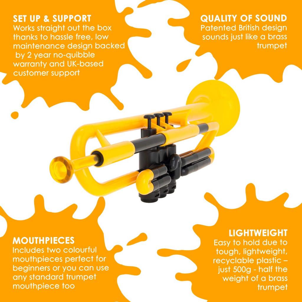 PInstruments Kunststoff-Blasinstrument Trompete pTrumpet Bb Ton Leichtes, äußerst langlebiges ABS Biocoat Antibakteriell PTRUMPET1Y Gelbe Tasche &