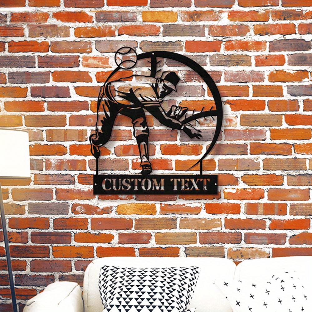Stylish Black Baseball Player Metal Wall Art Custom Name Address Home Training Decor